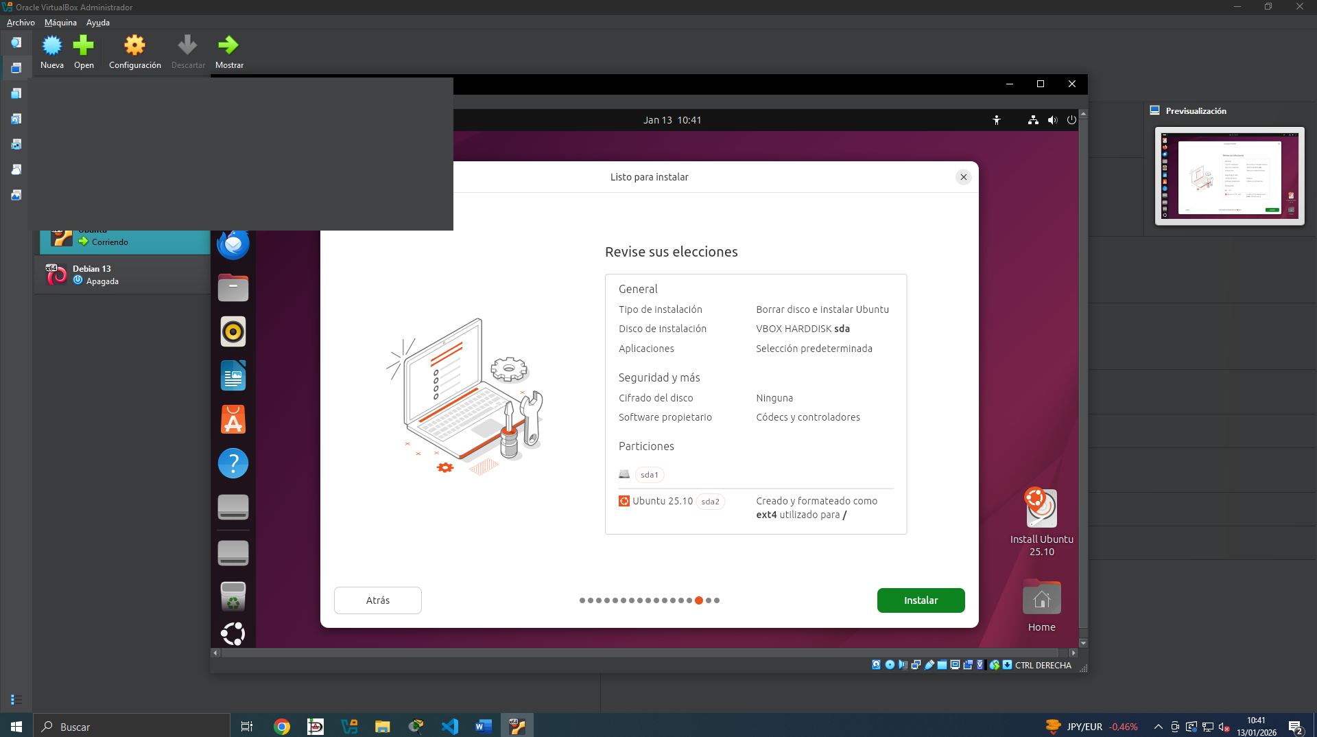 Proceso de instalación de Ubuntu en curso